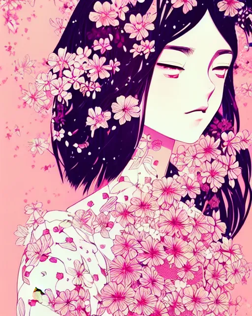 Image similar to beautiful girl next to floral bomb, detailed manga illustration!! intricate details, perfect face, perfect body, aesthetically pleasing pastel colors, poster background, aesthetic details, art by conrad roset and ilya kuvshinov