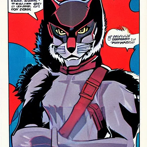 Image similar to 1 9 8 0 s comic book cover scan featuring a portrait of villain male wolf o'donnell anthropomorphic wolf furry fursona from starfox wearing a dark space mercenary uniform, dark grey wolf, handsome eyes, wolf o'donnell