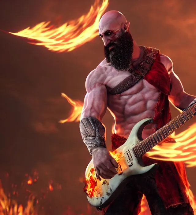 Prompt: kratos shredding on a flaming stratocaster guitar, cinematic render, god of war 2 0 1 8, santa monica studio official media, lightning, stripe over eye