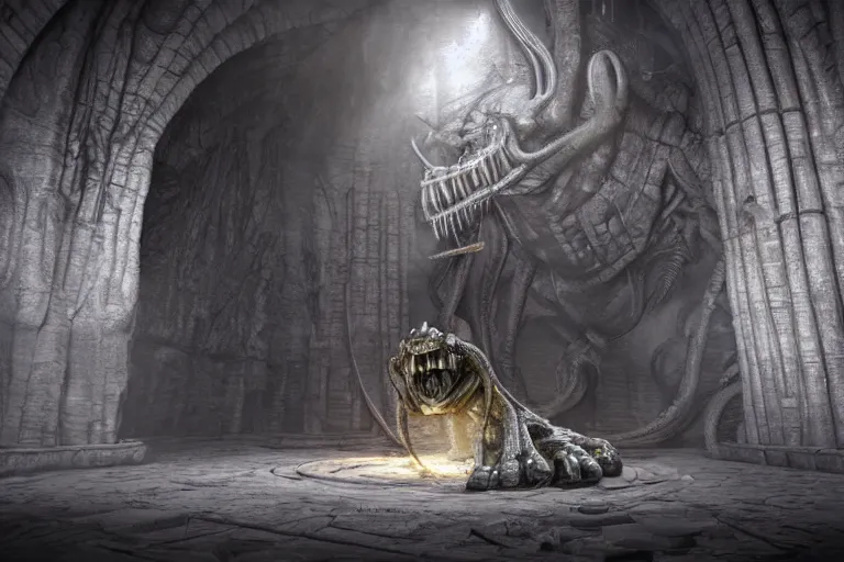 Image similar to realistic balrog at the bottom of a huge long corridor in the mines of moria, 3 d octane render, photorealistic, style of h. r. giger