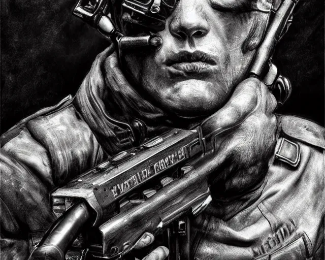 Image similar to A soldier with a hateful face holding a machine gun, world war 1, close-up, realistic face, beautiful face detail, mature facial features, black and white, amazing digital art, hyper detailed, artstation, in the style of Tony Sart