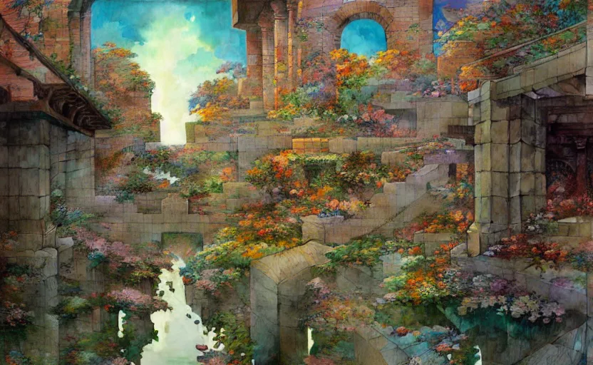 Image similar to tiled room squared waterway, aqueducts, fantasy. intricate, amazing composition, colorful watercolor, by ruan jia, by maxfield parrish, by marc simonetti, by hikari shimoda, by robert hubert, by zhang kechun, illustration, gloomy