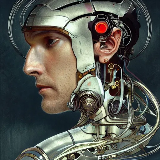 Prompt: portrait of old male android, coy, circuitry visible in head, in the style of ex machina, karol bak, alphonse mucha, greg rutkowski, award winning, hr giger, artstation