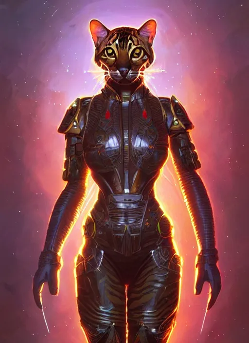 Image similar to full body portrait of a bengal cat in scifi battle armor, rgb led lights! intricate, elegant, highly detailed, digital painting, artstation, concept art, smooth, sharp focus, illustration, art by artgerm and greg rutkowski and alphonse mucha