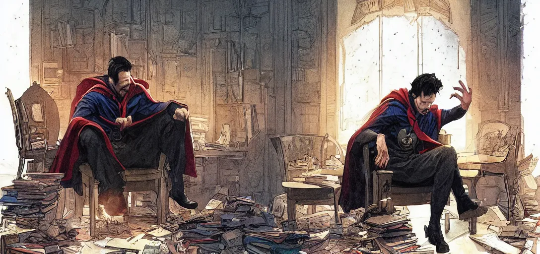 Image similar to a sad dr strange sitting alone in his room in a large chair, books messy about the room, sad, somber, by Stanley Artgerm Lau, WLOP, Rossdraws, James Jean, Andrei Riabovitchev, Marc Simonetti, krenz cushart