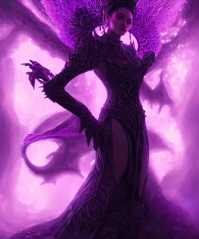 Image similar to ultra detailed, magical realism, portrait painting, of the beautiful empress in black dragon armor within the enchanted purple forest, glowing purple, volumetric lighting, illusion, intricate details, by ross tran.