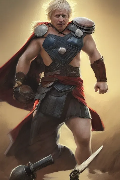 Image similar to Boris Johnson as Thor barehand, Boris Johnson hairstyle, full body realistic portrait, highly detailed, muscular body, digital painting, artstation, concept art, smooth, sharp focus, illustration, cinematic lighting, art by artgerm and greg rutkowski and alphonse mucha