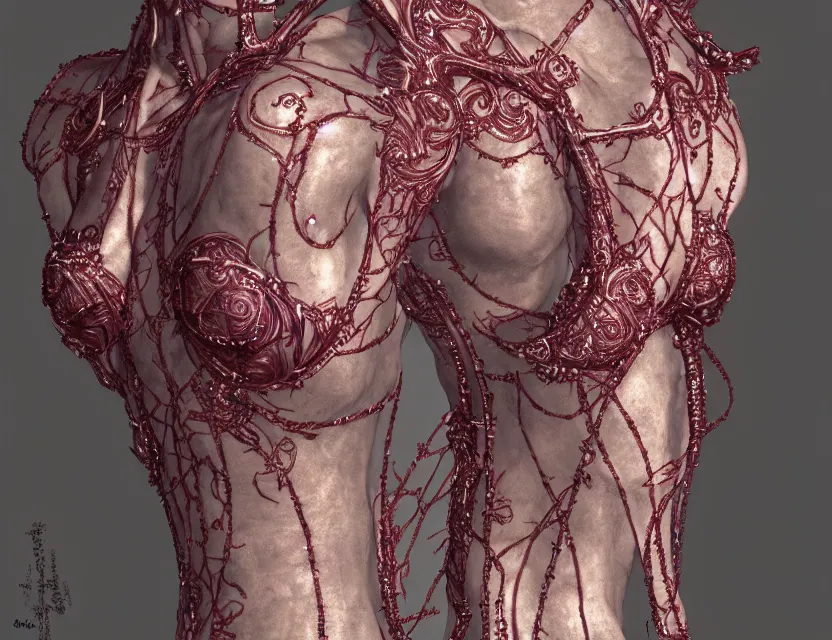 Prompt: techno - embroidered flesh decorated with filigree and beads, safe for work, by award - winning concept artist, dynamic composition, backlighting, radiant light