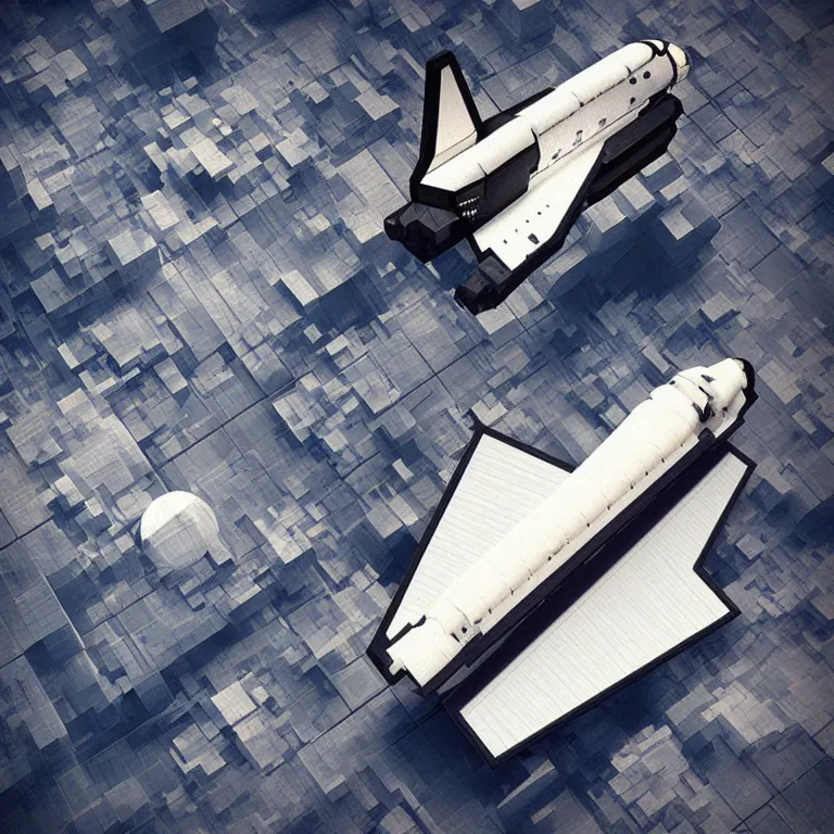 Image similar to “space shuttle turned into an MC Escher Rubik’s cube, high-def 3D render, 4k hD, scifi concept art, confusing perspective”