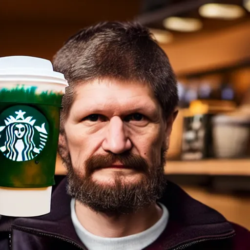 Prompt: ted kaczynski working at starbucks, 4 k, hyper realistic, dslr, landscape, high resolution