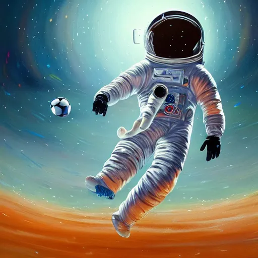 Prompt: a painting of an astronaut playing soccer in a cosmic scenic environment, soccer ball, beautiful, hyperdetailed, action shot, light framing subject, trending on Artstation