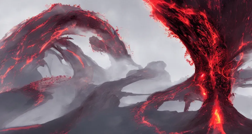 Image similar to a volcano made of ivory vines and crimson rocks enters in eruption, it spits a smoke in the shape of demonic eye, by League of Legends concept artists