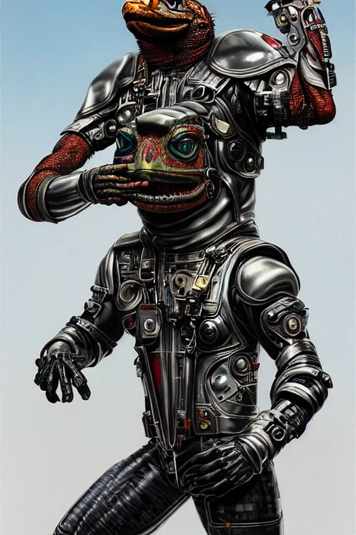 Prompt: a portrait of a muscular anthropomorphic cyberpunk iguana! in leather spacesuit armor with a large head by sandra chevrier, by jon foster, detailed render, pistol in holster, tape deck, epic composition, cybernetics, 4 k realistic, cryengine, realistic shaded lighting, sharp focus, masterpiece, by enki bilal