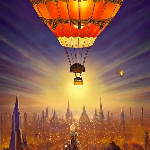 Image similar to a stunning fantasy scene of a steampunk hot - air balloon flying over an art deco city with a clock - tower | highly detailed | very intricate | disney pixar | steampunk | dramatic romantic epic breathtaking whimsical magical | bokeh moon stars | professional cinematic lighting | artdeco | painted by beeple and rhads and donato giancola | bold color palette | featured on artstation