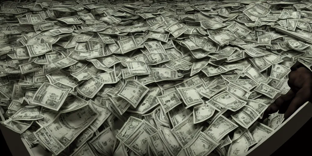 Image similar to a film still of cash money piling up in a vault, shallow depth of field, cinematic, award winning cgi, vfx, film still cfg _ scale : 7. 0