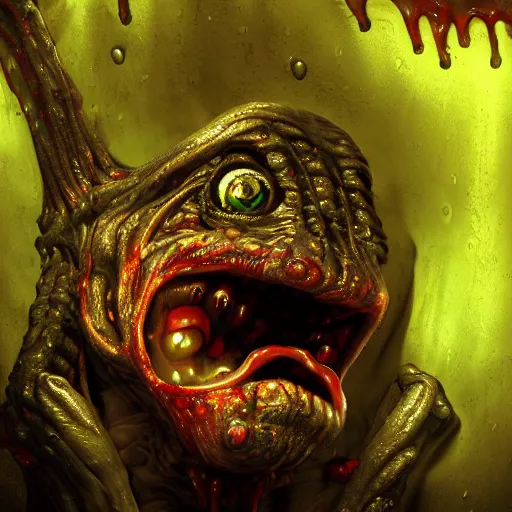 Image similar to realistic, wet humanoid alien, long textured tongue, dripping acid saliva, smoke, mouth in mouth, 8 alien eyes, metallic fangs, thin red veins, grey snake scale skin, cinematic light shadows, slimy reflections, crawling in a sewer pipe, flashlight lighting, insanely detailed