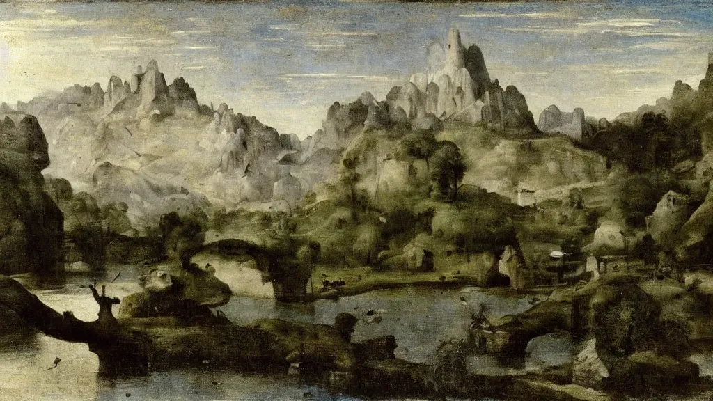 Image similar to high fantasy landscape, by camille corot, by hieronymus bosch, fine art, volumetric lighting