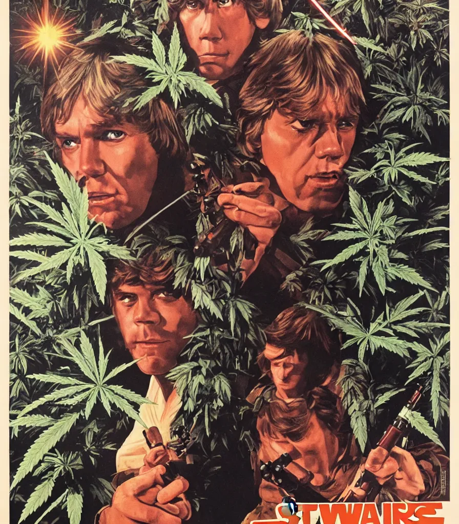 Image similar to vintage 1 9 7 7 star wars episode iv a new hope movie poster, of luke skywalker with bloodshot eyes smoking a huge blunt, surrounded by cannabis plants