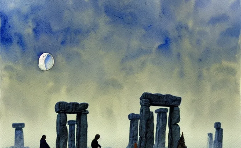 Image similar to a hyperrealist watercolour character concept art portrait of one small grey medieval monk pointing up in the air in front of a floating portal above a complete stonehenge monument on a misty night. a ufo is in the sky. by rebecca guay, michael kaluta, charles vess and jean moebius giraud