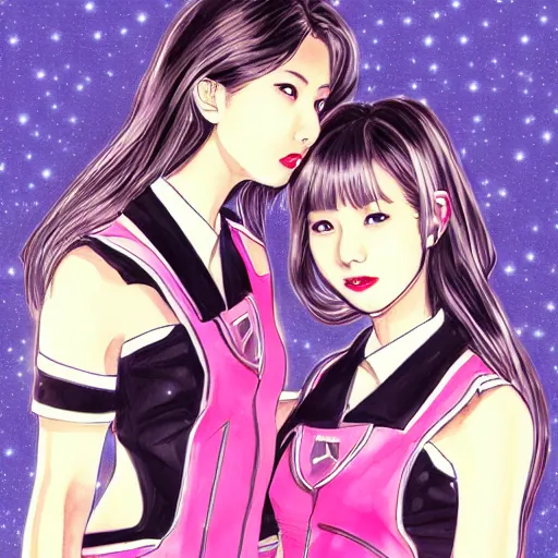 Image similar to a perfect, realistic professional digital sketch of two synthwave Japanese schoolgirls posing, in style of Marvel, full length, by pen and watercolor, by a professional American senior artist on ArtStation, a high-quality hollywood-style sketch, on high-quality paper