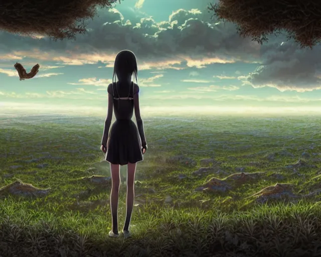 Prompt: a single coyote warns a single innocent black haired girl standing to the side of quantum apocalyse. intricate, 8 k detail, painted anime cinematic, matte sharp painting, pastoral backyard setting, city view in the distance, ultrafine hyperdetailed illustration, hyperrealism, glamorous sci - fi poster, whimsical botanical illustration, anime girl