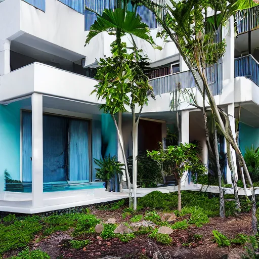 Prompt: 3000 sq ft three level house, wrap around balconies and porches, gray white light blue exterior, large stones in front yard, beautiful sunny day in a tropical rainforest, photorealistic,8k, XF IQ4, 150MP, 50mm, F1.4, ISO 200, 1/160s, natural light