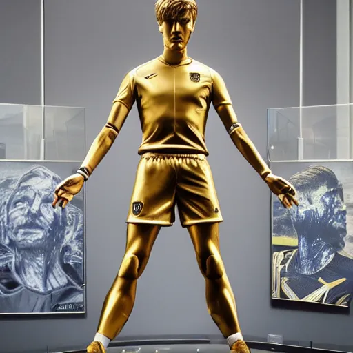 Image similar to a realistic detailed photo of a guy who is an attractive humanoid who is half robot and half humanoid, who is a male android, soccer players martin ødegaard & timo werner, shiny skin, posing like a statue, blank stare, in a museum, on display, showing off his muscles, gold soccer shorts, no jersey, statue, many copies of them