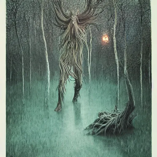 Image similar to forest spirit walking in swamp, highly detailed beksinski monster art