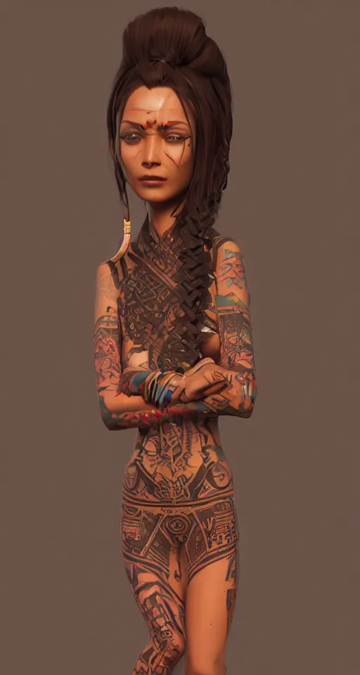 Prompt: a himalayan woman with glowing aztec tattoos down her arms, long coffee brown hair, sci - fi dress with sleek accents, slender waist, by wlop, ilya kuvshinov, krenz cushart, greg rutkowski, pixiv. zbrush sculpt, octane, maya,