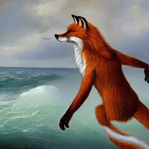 Image similar to anthro fox man in suit about to fall off cliff into scary stormy ocean, far shot, 19th century painting