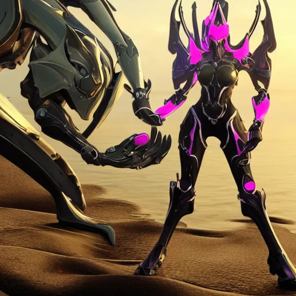 Image similar to cinematic close up full body shot of a beautiful stunning saryn prime warframe, that's a beautiful stunning anthropomorphic robot female dragon with metal cat ears, cute elegant pose, standing on teh beach at sunset, robot cat paws for feet, thick warframe legs, detailed arms, sharp claws, slick pink armor, streamlined white armor, long elegant tail attached to her back end, two arms, two legs, detailed warframe fanart, destiny fanart, macro art, dragon art, furry art, realistic digital art, warframe art, Destiny art, furaffinity, DeviantArt, artstation, 3D realistic, 8k HD, octane render