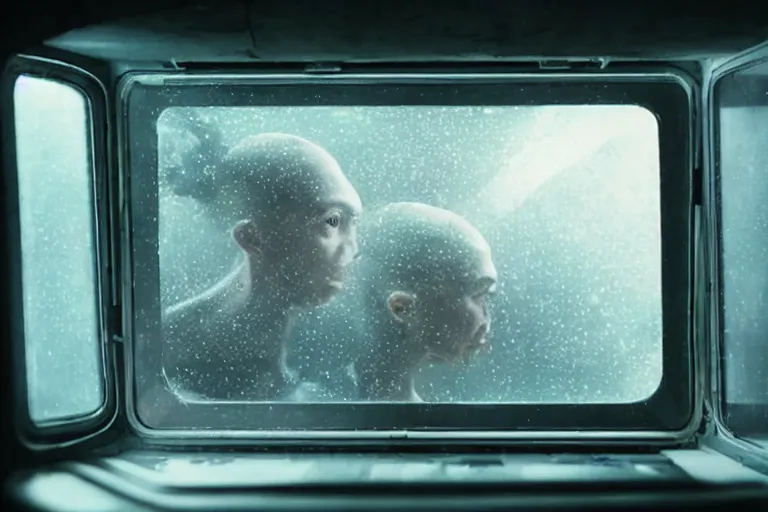 Image similar to a cinematic portrait of an alien creature, inside of spaceship looking out of a small rainy window, beautiful lighting, high depth, ultra realistic, artistic, by annie leibovitz and zack snyder