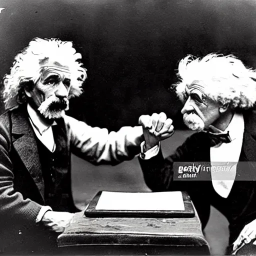 Image similar to Historical technicolor photograph, 350mm, arm wrestling match between Mark Twain and Albert Einstein