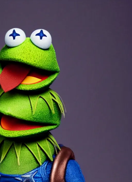 Image similar to studio portrait still of muppet!!!!! captain america in avengers infinity war!!!!!! as a muppet muppet as a muppet, 8 k, studio lighting, key light,