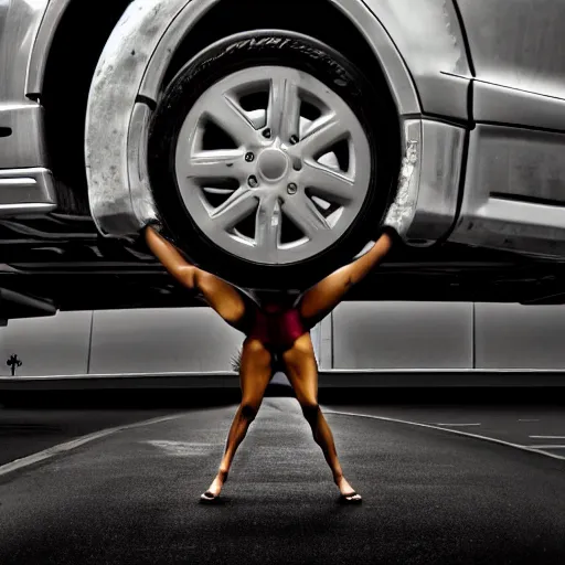 Prompt: car jumping, bodybuilder, woman, holding, photo, digital art, hands, underbody, throw, tire, standing, asphalt, floor