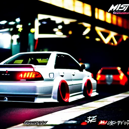 Image similar to a car JZX100 twin turbo drift at illegal car meet, Shibuya prefecture, city midnight mist lights, cinematic lighting, photorealistic, highly detailed wheels, high detail