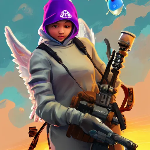 Image similar to baby Angel, baby cherub,wearing angel halo, ski mask, balaclava, face covered, wearing angel halo covered face, orange hoodie, hip hop, multiple golden necklaces, fantasy art apex fortnite Video game icon, 2d game art gta5 cover , official fanart behance hd artstation by Jesper Ejsing, by RHADS, Makoto Shinkai and Lois van baarle, ilya kuvshinov, rossdraws