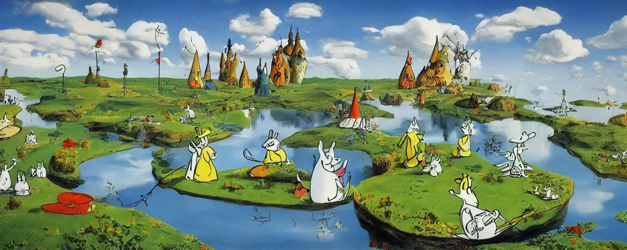 Image similar to the moomins in moominvalley, salvador dali painting, very detailed!, high quality, 4 k