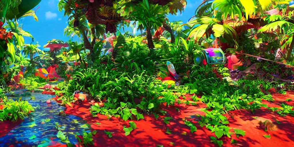 Image similar to plastic beach island lush vegetation caustics fluid simulation lighting impressive colorful masterpiece graffiti hyper perspective textured detailed intricate sharp focus 8 k octane render nvidia raytracing demo