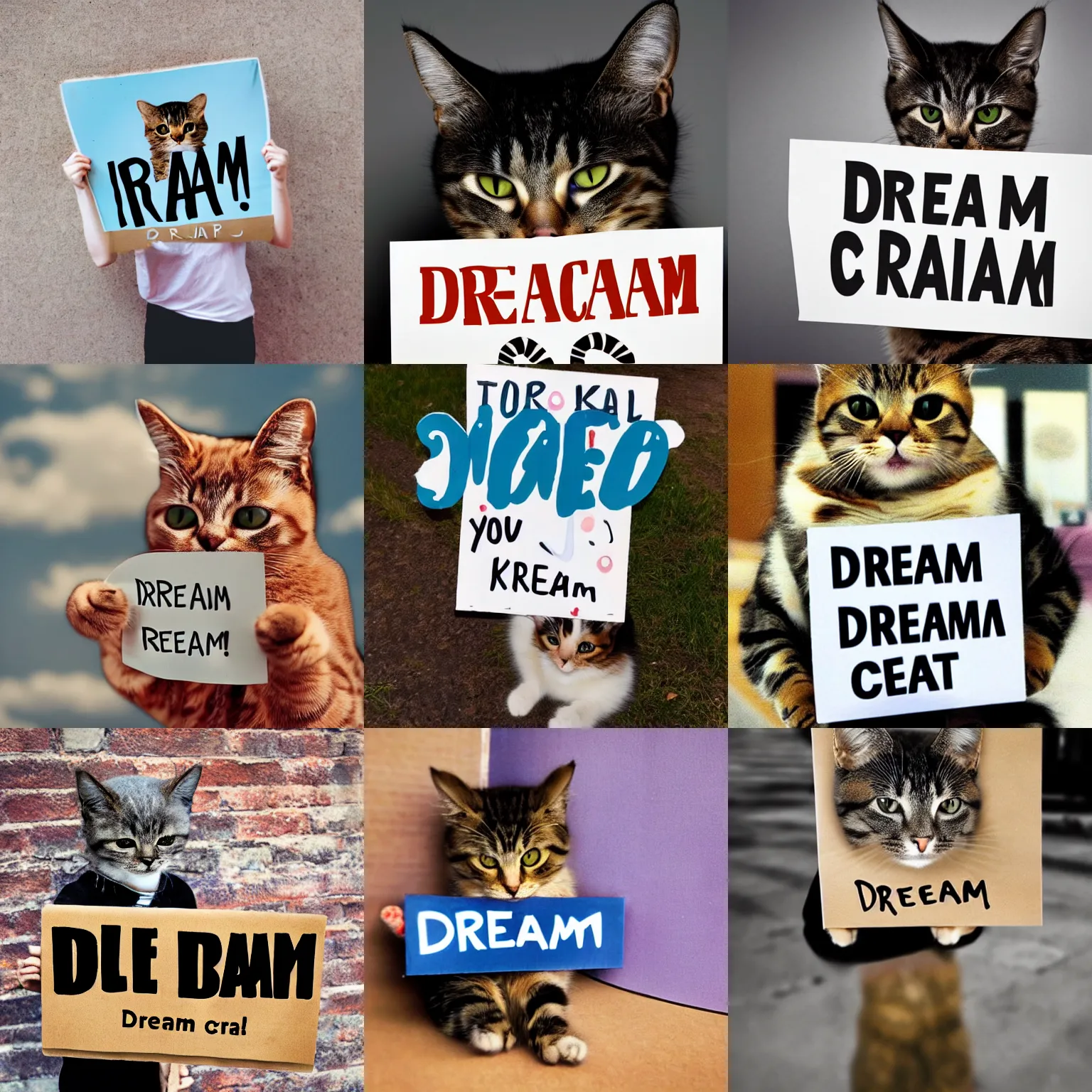 Image similar to realistic high quality photo of a cute cat holding a sign with text that reads : dream cat