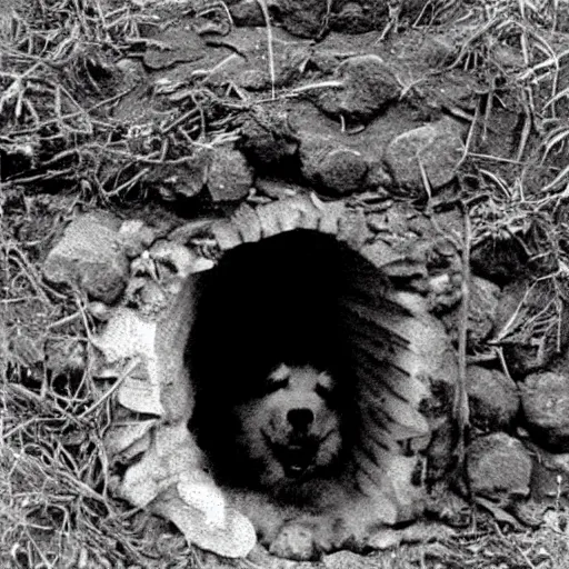 Image similar to a samoyed dog in a ww1 trench, grainy photo