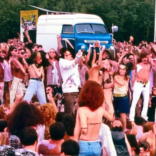 Image similar to backstreet boys and spice girls playing concert together, woodstock 1 9 6 0, old times, hippies, vintage, botanical details, vans, volkswagen