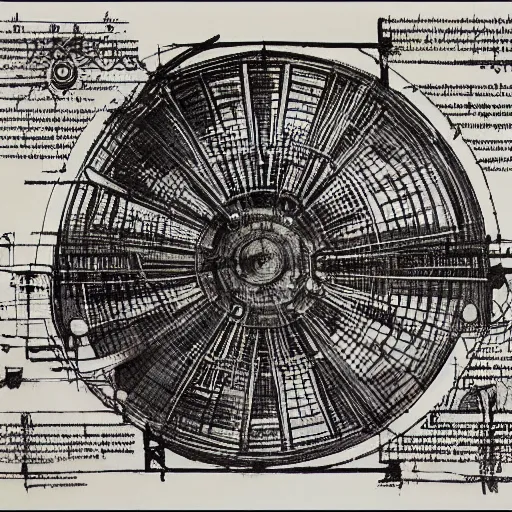 Image similar to leonardo da vinci color intricate full page scan blueprint of an environmental turbine machine, on paper, black ball pen style, :: ultra-detailed technical precision :: mixed media with white and silver lines, realistic composition, point of interest at golden ratio, light from right, more darkness on the bottom, monumentally art composition, high quality of sketching with subtle hairlines, highly detailed rounded forms, inside out and outside in, octane render