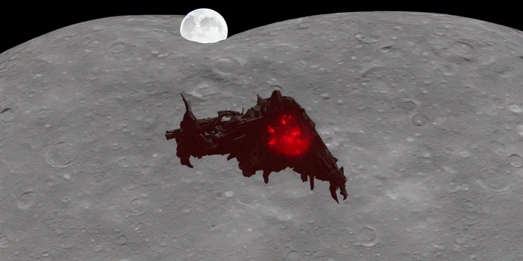 Image similar to giant <Cthulhu> silhouetted lunar surface crushing attacking red spaceship fighter with explosion, photorealistic, wide-angle, long shot, epic, space, lunar backdrop