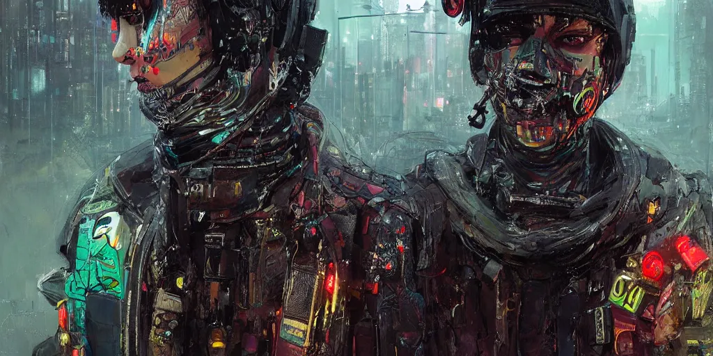 Prompt: eyes of a Neon guard boy with short dark hair seen from the back, cyberpunk futuristic, reflective puffer jacket, black leggings, decorated with traditional ornaments in front of a dystopian crowd with piles of garbage by Ismail inceoglu dragan bibin hans thoma, Perfect face, fine details, realistic shaded, fine-face, pretty face