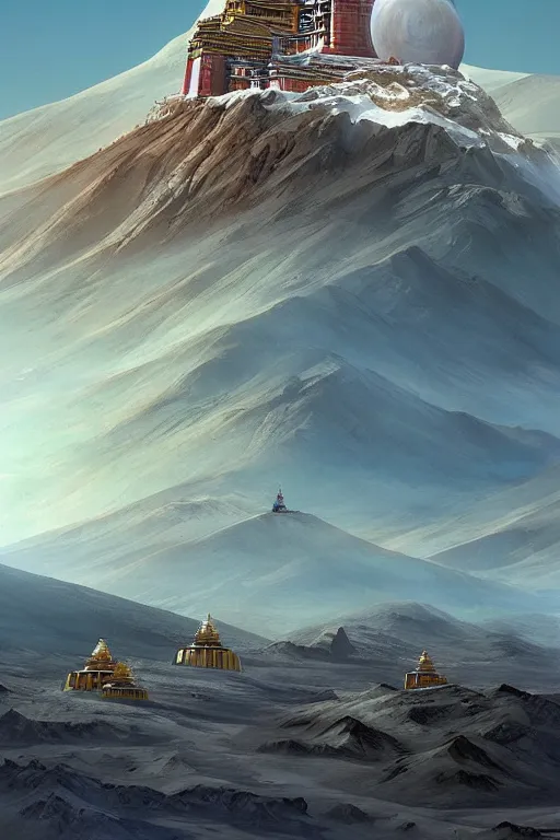 Image similar to lhasa!!! tibetan buddhist monastery on mars, stunning landscape, by stephan martiniere
