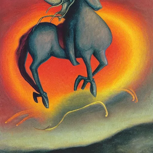 Prompt: remedios varo painting of a vampire demon riding a big fat unicorn over a rainbow