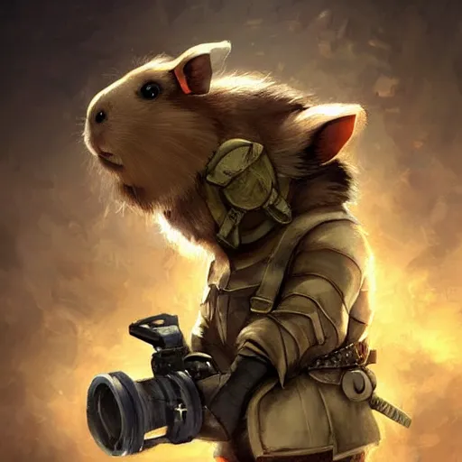Image similar to cute little anthropomorphic Guinea Pig wearing Metal Gear outfit, ultra wide lens shot , tiny, small, short, cute and adorable, pretty, beautiful, DnD character art portrait, matte fantasy painting, DeviantArt Artstation, by Jason Felix by Steve Argyle by Tyler Jacobson by Peter Mohrbacher, cinematic lighting