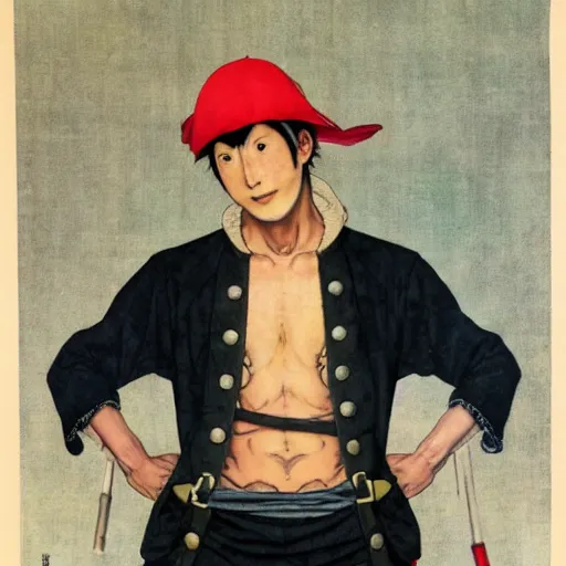 Prompt: A realistic portrait of a young Japanese man using a pirate one piece outfit, art by Norman Rockwell