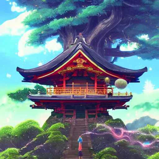 Prompt: a beautiful painting of detailed japanese treehouse shrine, breath of the wild, hyrule, inspired by cyril rolando, david wiesner, ornate, intricate, emitting light ornaments, volumetric lighting, cgsociety, alizarin red, brick red